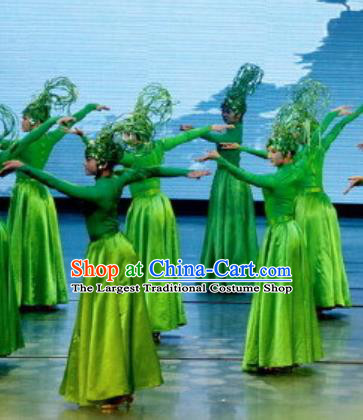 Chinese Picturesque Huizhou Classical Dance Green Dress Stage Performance Costume and Headpiece for Women