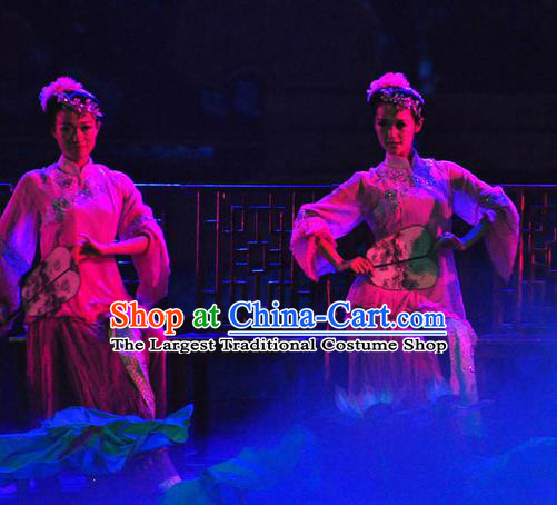 Chinese Picturesque Huizhou Fan Dance Dress Stage Performance Costume and Headpiece for Women