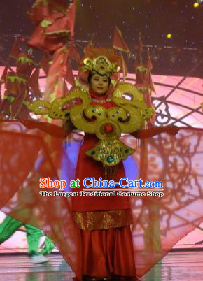 Chinese Picturesque Huizhou Classical Dance Red Dress Stage Performance Costume and Headpiece for Women