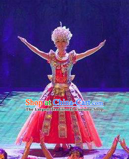 Chinese Phoenix Timeless Love Tujia Nationality Dance Red Dress Stage Performance Costume and Headpiece for Women