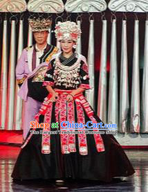 Chinese Charm Xiangxi Miao Nationality Dance Black Dress Stage Performance Costume and Headpiece for Women
