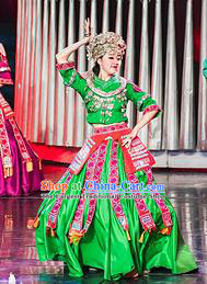 Chinese Charm Xiangxi Miao Nationality Dance Green Dress Stage Performance Costume and Headpiece for Women