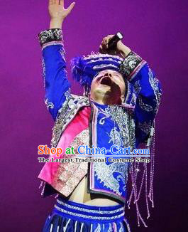 Chinese Charm Xiangxi Tujia Nationality Wedding Blue Clothing Stage Performance Dance Costume for Men