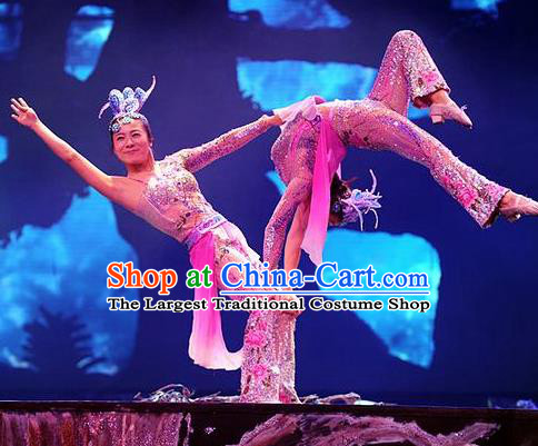 Chinese Charm Xiangxi Nationality Dance Dress Acrobatics Stage Performance Costume and Headpiece for Women