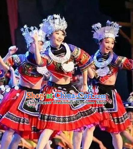 Chinese Charm Xiangxi Tujia Nationality Dance Red Dress Stage Performance Costume and Headpiece for Women