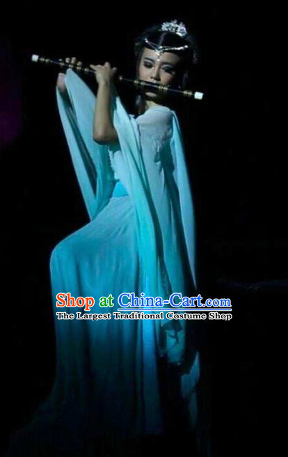 Chinese Dream Of Tao Classical Dance Blue Dress Stage Performance Costume and Headpiece for Women