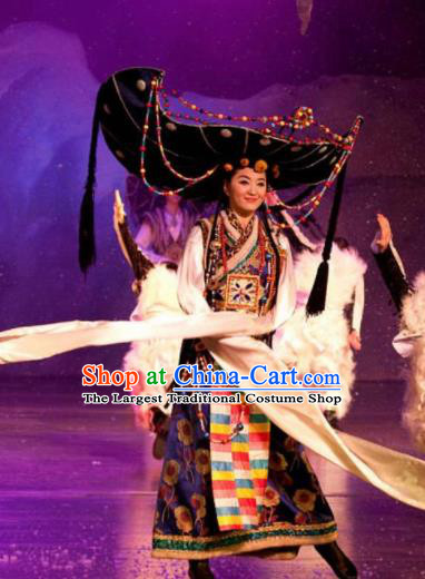 Chinese Oriental Apparel Zang Nationality Dance Dress Stage Performance Ethnic Costume and Headpiece for Women