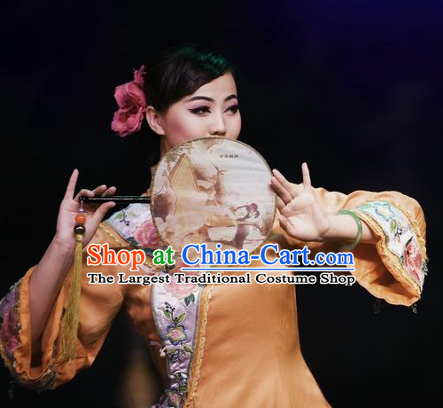 Chinese Oriental Apparel Fan Dance Yellow Dress Stage Performance Ethnic Costume for Women
