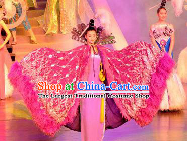 Chinese Oriental Apparel Classical Dance Purple Dress Stage Performance Ethnic Costume and Headpiece for Women