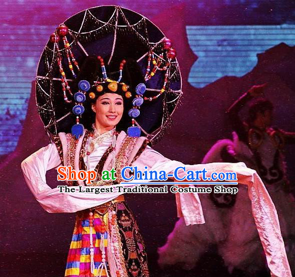 Chinese Oriental Apparel Zang Nationality Dance Dress Stage Performance Costume and Headpiece for Women