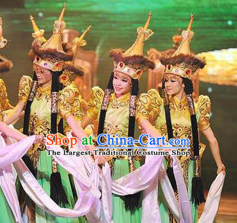 Chinese Oriental Apparel Mongolian Nationality Dance Dress Stage Performance Costume and Headpiece for Women