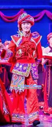 Chinese Charm Xiangxi Tujia Nationality Wedding Bridegroom Red Clothing Stage Performance Dance Costume for Men