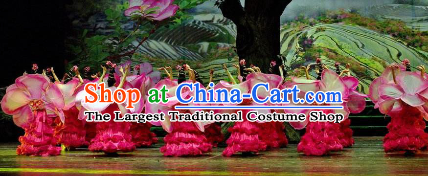 Chinese Thorn Quinoa Flowers Classical Peony Dance Pink Dress Stage Performance Costume and Headpiece for Women