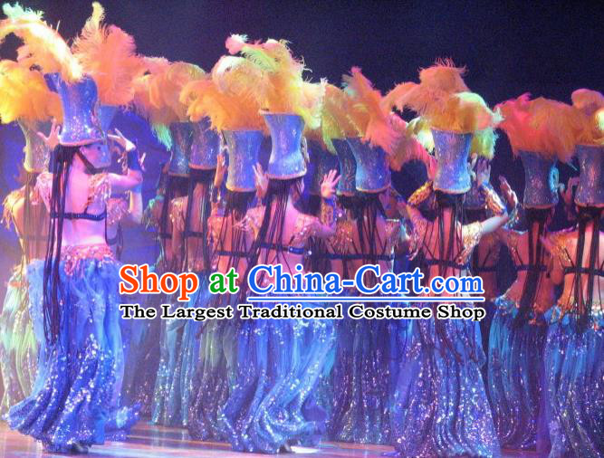 Chinese Oriental Apparel Indian Dance Blue Dress Stage Performance Costume and Headpiece for Women