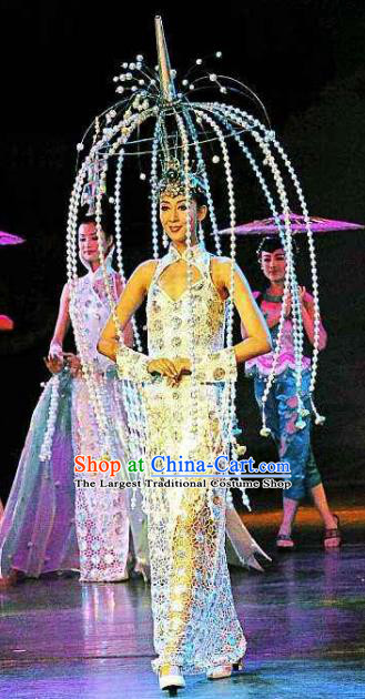 Chinese Oriental Apparel Classical Dance White Qipao Dress Stage Performance Costume and Headpiece for Women