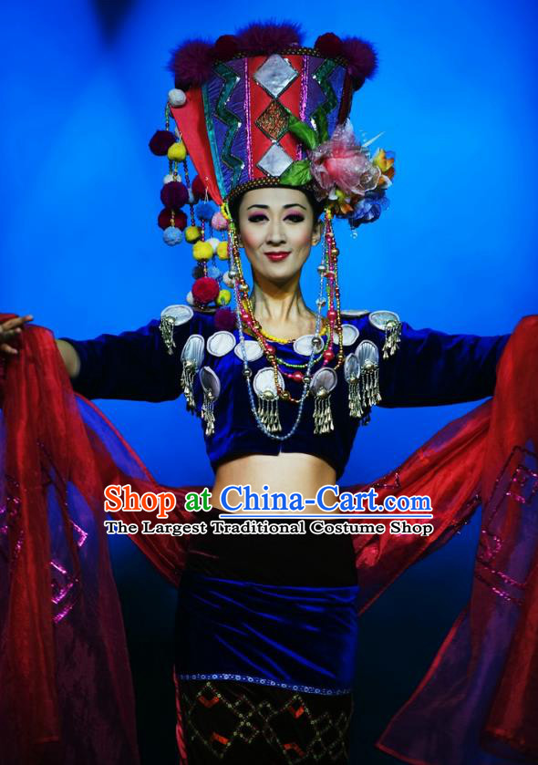 Chinese Oriental Apparel Wa Nationality Dance Dress Stage Performance Ethnic Costume and Headpiece for Women