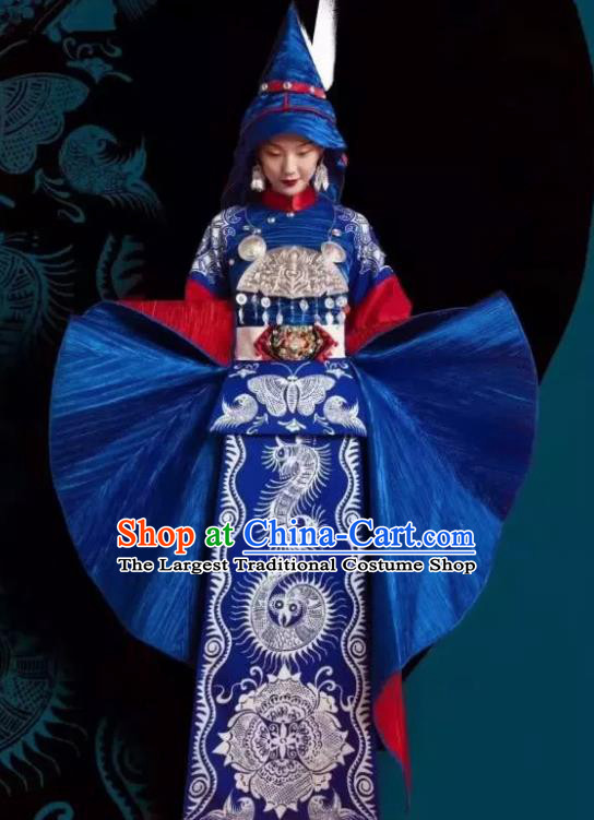 Chinese Xijiang Grand Ceremony Miao Nationality Dance Blue Dress Stage Performance Costume and Headpiece for Women