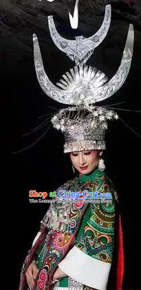 Chinese Xijiang Grand Ceremony Miao Nationality Bride Wedding Dress Stage Performance Costume and Headpiece for Women