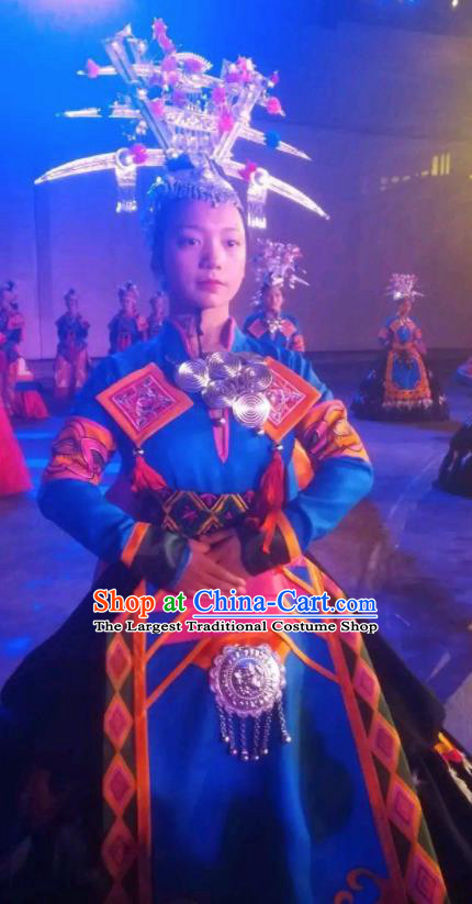 Chinese Xijiang Grand Ceremony Miao Nationality Dance Blue Dress Stage Performance Costume and Headpiece for Women