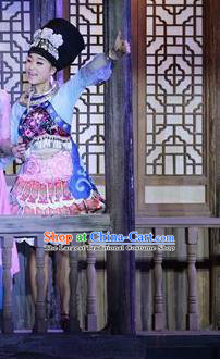 Chinese Border Town Miao Nationality Girl Dance Dress Stage Performance Costume and Headpiece for Women