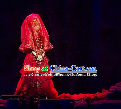 Chinese Border Town Miao Nationality Wedding Dance Red Dress Stage Performance Costume and Headpiece for Women
