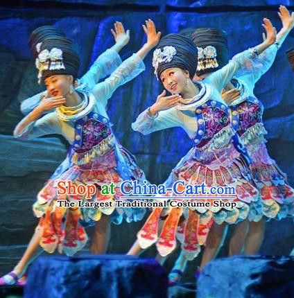 Chinese Border Town Miao Nationality Dance Dress Stage Performance Costume and Headpiece for Women