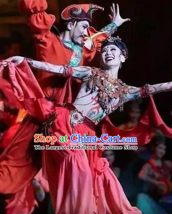 Chinese The Ancient Dunhuang Music Theatre Classical Dance Red Dress Stage Performance Costume and Headpiece for Women