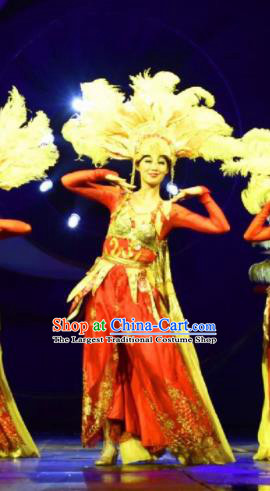 Chinese Golden Mask Dynasty Dance Red Dress Stage Performance Costume and Headpiece for Women