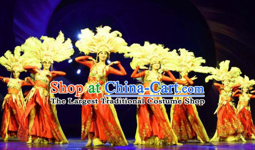 Chinese Golden Mask Dynasty Dance Red Dress Stage Performance Costume and Headpiece for Women