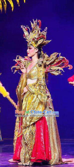 Chinese Golden Mask Dynasty Queen Dance Dress Stage Performance Costume and Headpiece for Women