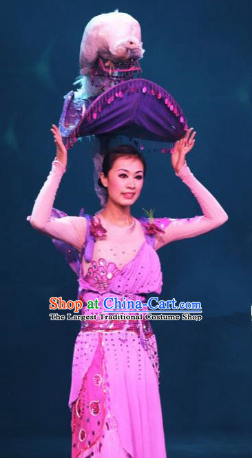 Chinese Golden Mask Dynasty Classical Dance Purple Dress Stage Performance Costume and Headpiece for Women