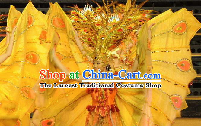 Chinese Dragon Phoenix Dance Butterfly Wing Dress Stage Performance Costume and Headpiece for Women