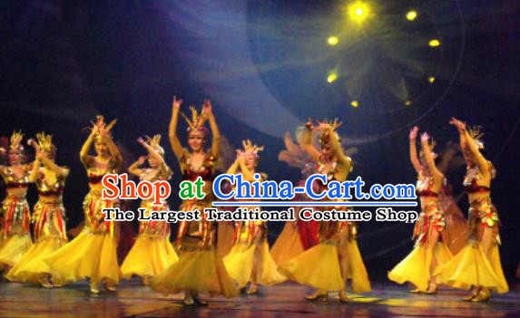 Chinese Golden Mask Dynasty Dance Yellow Dress Stage Performance Costume and Headpiece for Women