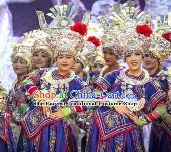 Chinese Wind Of Colorful Guizhou Miao Nationality Ethnic Dance Royalblue Dress Stage Performance Costume and Headpiece for Women