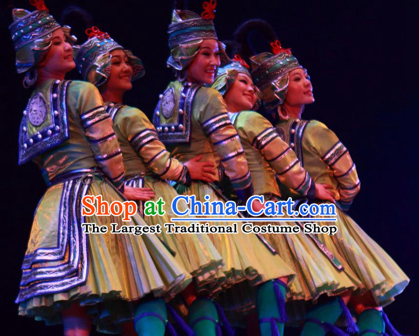 Chinese Wind Of Colorful Guizhou Dong Nationality Ethnic Dance Green Dress Stage Performance Costume and Headpiece for Women