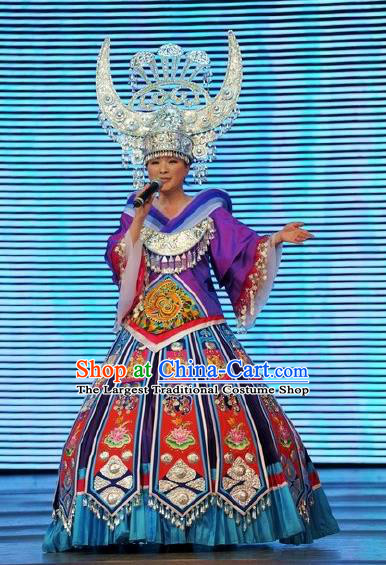 Chinese Wind Of Colorful Guizhou Miao Nationality Ethnic Dance Purple Dress Stage Performance Costume and Headpiece for Women