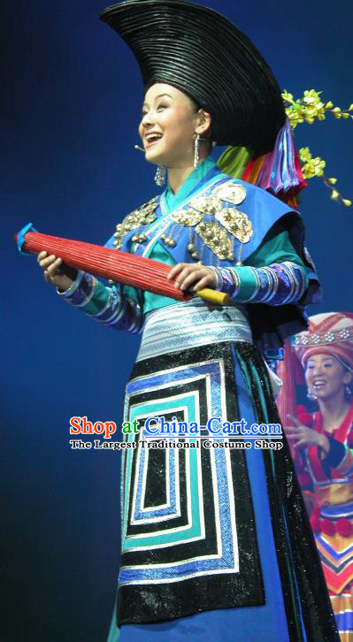 Chinese Wind Of Colorful Guizhou Yi Nationality Ethnic Dance Blue Dress Stage Performance Costume and Headpiece for Women