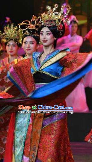 Chinese Han Wind Float In The Sky Han Dynasty Queen Classical Dance Red Dress Stage Performance Costume and Headpiece for Women