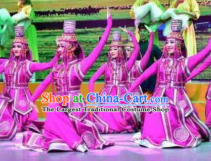 Chinese Saihan Tara Mongol Nationality Dance Purple Dress Stage Performance Costume and Headpiece for Women