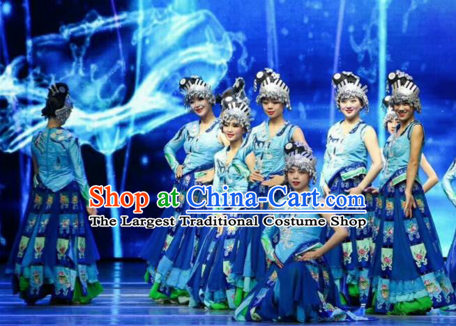Chinese Wind Of Colorful Guizhou Miao Nationality Dance Blue Dress Stage Performance Costume and Headpiece for Women