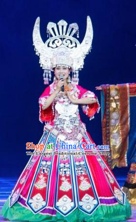 Chinese Wind Of Colorful Guizhou Miao Nationality Dance Red Dress Stage Performance Costume and Headpiece for Women