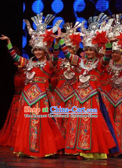 Chinese Wind Of Colorful Guizhou Miao Nationality Ethnic Dance Red Dress Stage Performance Costume and Headpiece for Women