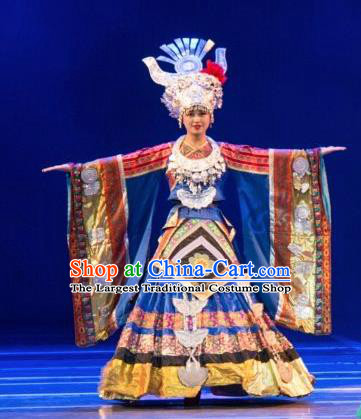 Chinese Wind Of Colorful Guizhou Miao Nationality Ethnic Dance Blue Dress Stage Performance Costume and Headpiece for Women