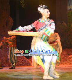 Chinese The Moon Rising On The Helan Mountain Hui Nationality Dance Dress Stage Performance Costume and Headpiece for Women