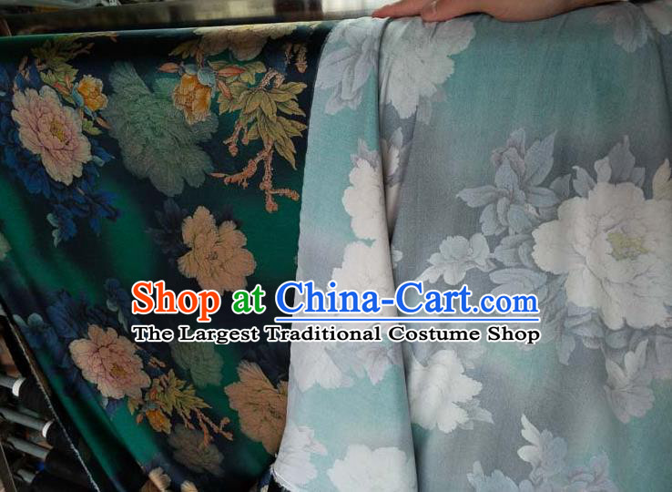 Traditional Chinese Classical Peony Pattern Deep Green Gambiered Guangdong Gauze Silk Fabric Ancient Hanfu Dress Silk Cloth