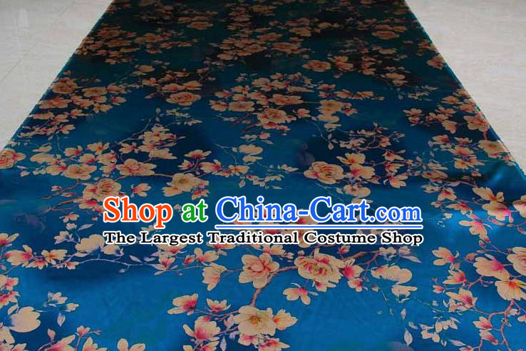 Traditional Chinese Classical Magnolia Pattern Blue Gambiered Guangdong Gauze Silk Fabric Ancient Hanfu Dress Silk Cloth