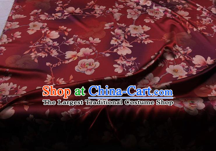 Traditional Chinese Classical Magnolia Pattern Dark Red Gambiered Guangdong Gauze Silk Fabric Ancient Hanfu Dress Silk Cloth