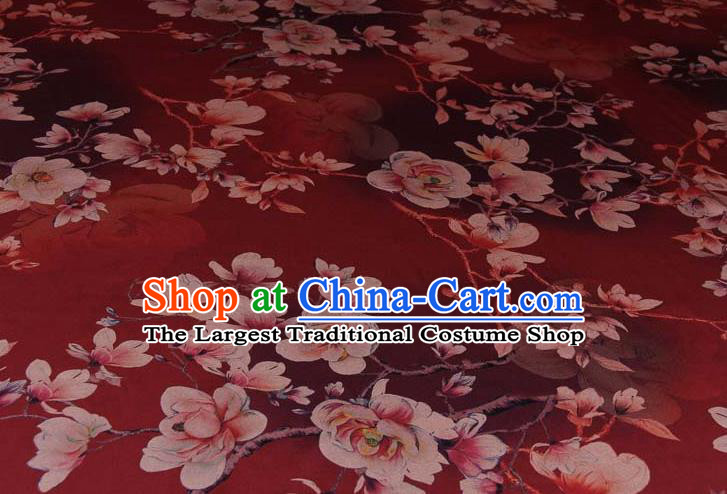 Traditional Chinese Classical Magnolia Pattern Dark Red Gambiered Guangdong Gauze Silk Fabric Ancient Hanfu Dress Silk Cloth