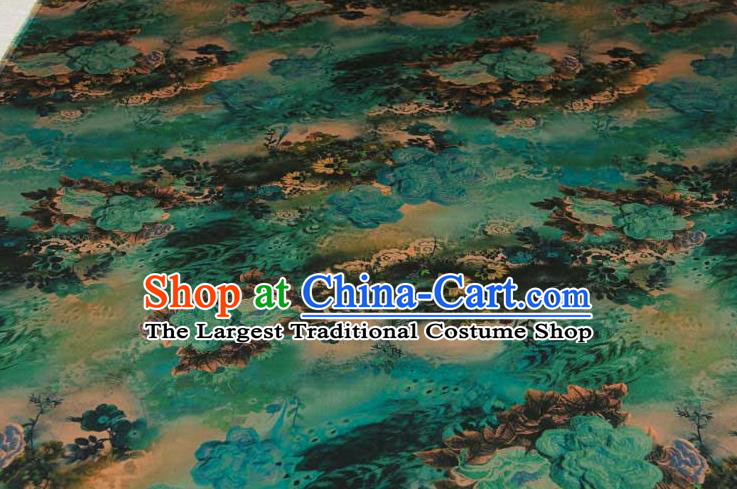 Traditional Chinese Classical Peony Pattern Green Gambiered Guangdong Gauze Silk Fabric Ancient Hanfu Dress Silk Cloth
