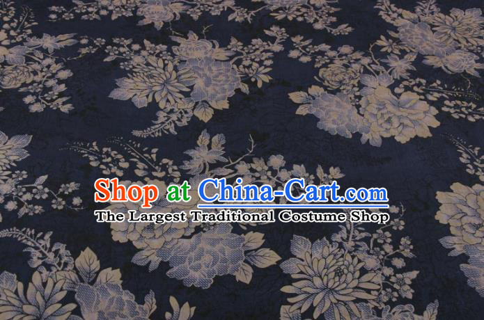 Traditional Chinese Classical Chrysanthemum Peony Pattern Navy Gambiered Guangdong Gauze Silk Fabric Ancient Hanfu Dress Silk Cloth